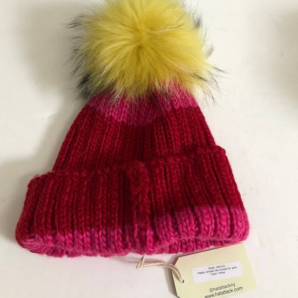 Barbie Friends Big Kids Girls Knit Hat and Gloves Set  Hat Attack Red Pink Striped Knit Real Fur Pom Pom Beanie Cap winter NWT Barbie